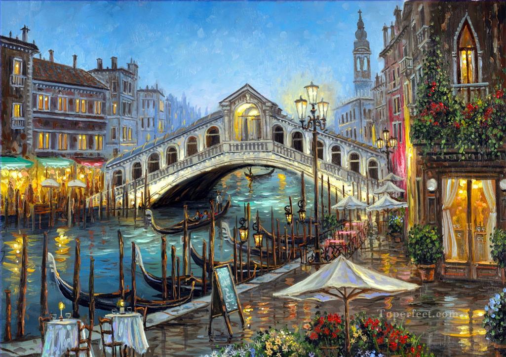 橋通りのお店川岸の街並み現代都市のシーン油絵